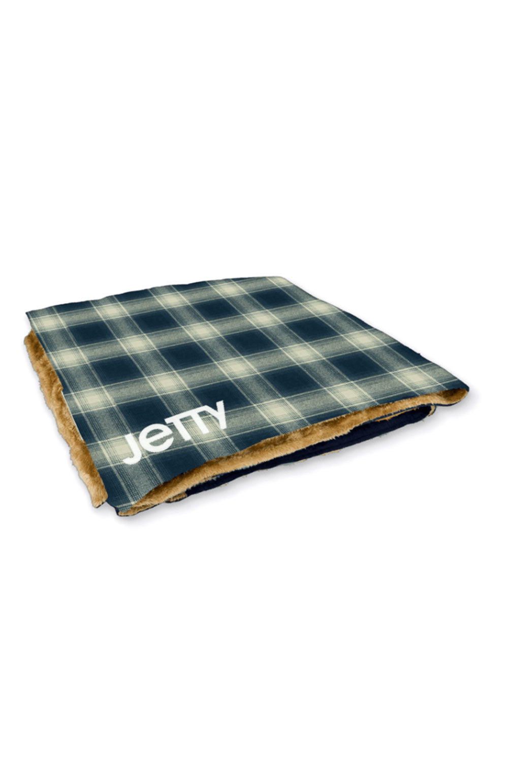 Plaid blanket with 'Jetty' branding on a white background