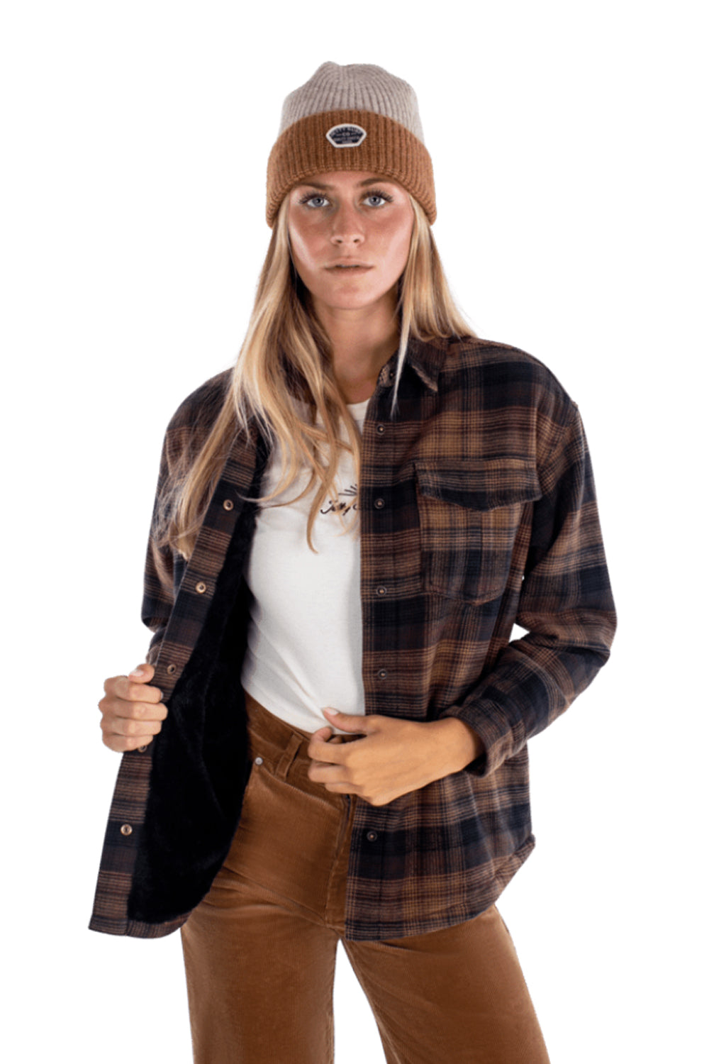 women's Jetty Nivean shirt jacket  - black and brown plaid with black fuzzy interior