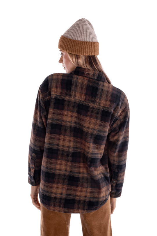 women's Jetty Nivean shirt jacket  - black and brown plaid with black fuzzy interior