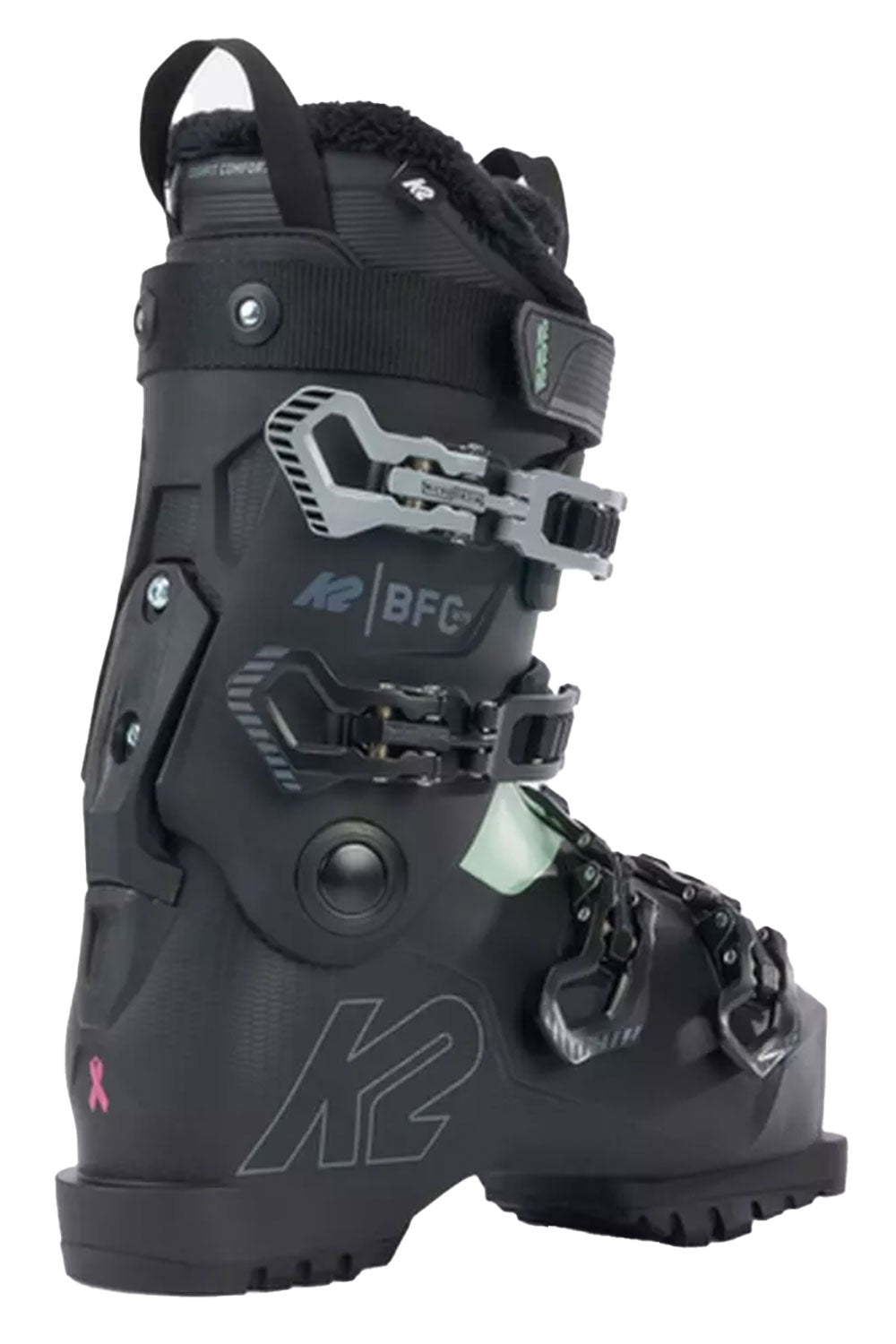 Black ski boot with K2 branding on a white background