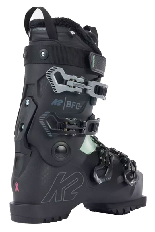Black ski boot with K2 branding on a white background