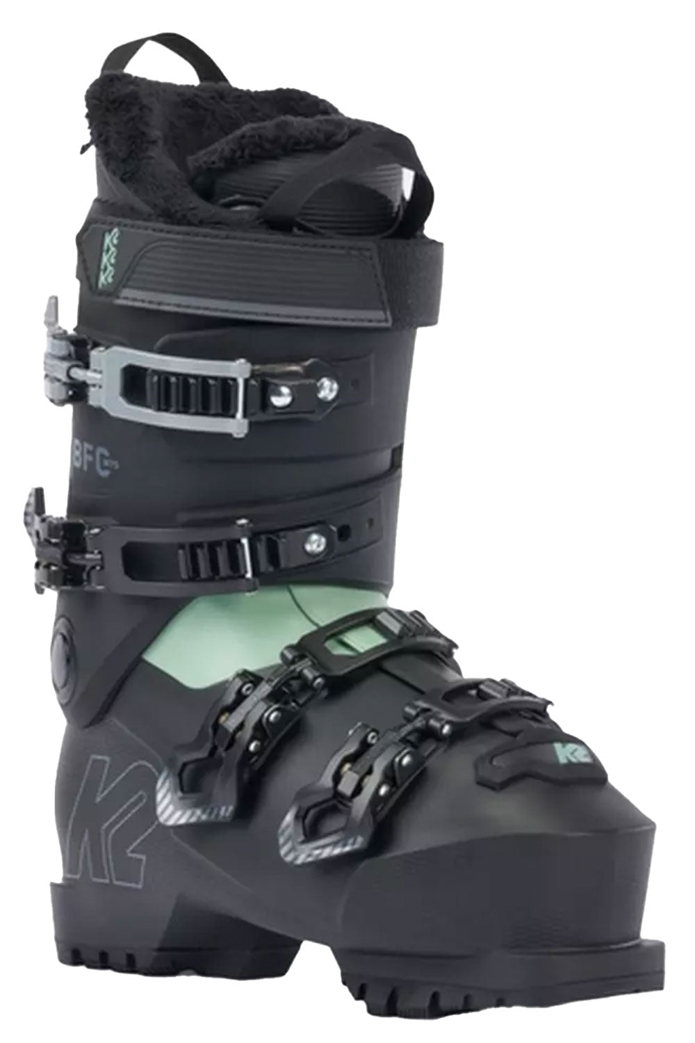 Black ski boot with green accents on a white background