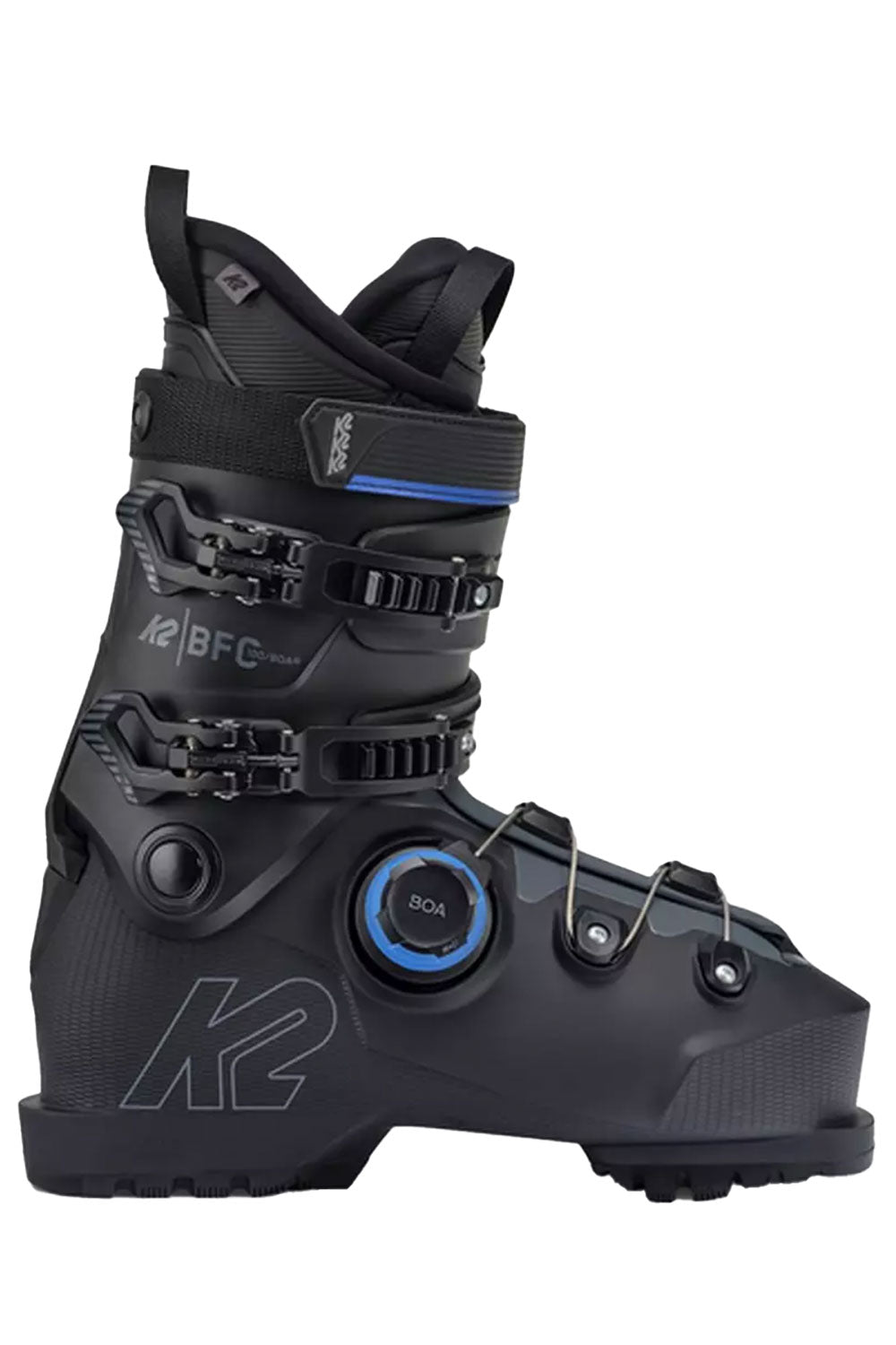 Black ski boot with visible branding on a white background