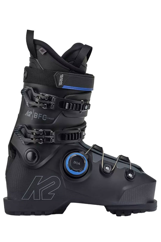 Black ski boot with visible branding on a white background