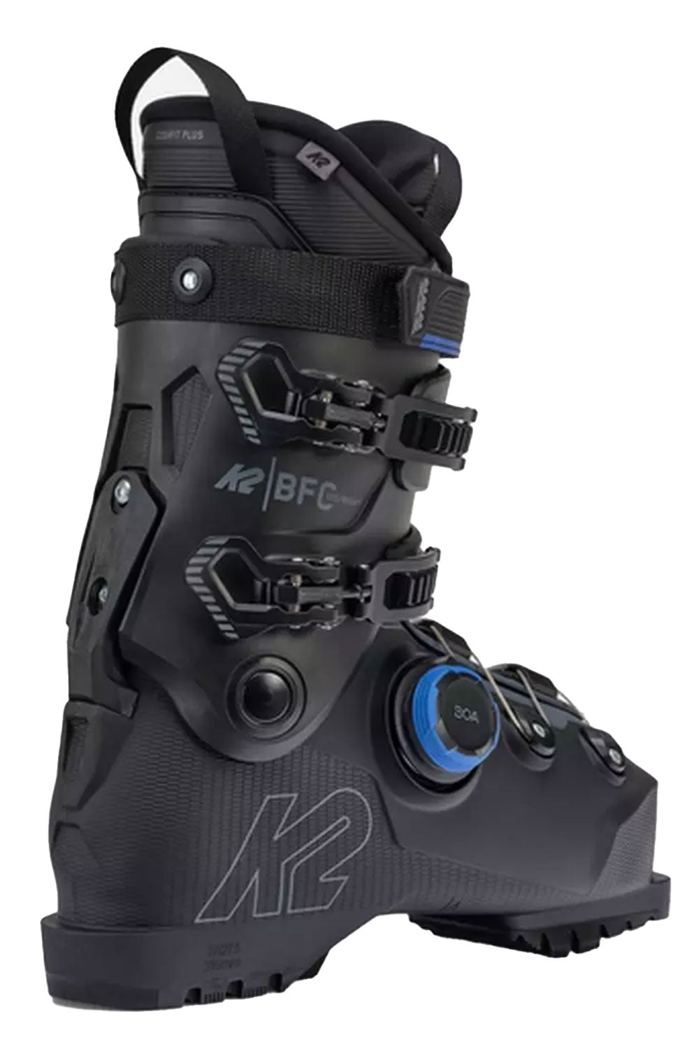 Black ski boot with visible branding on a white background