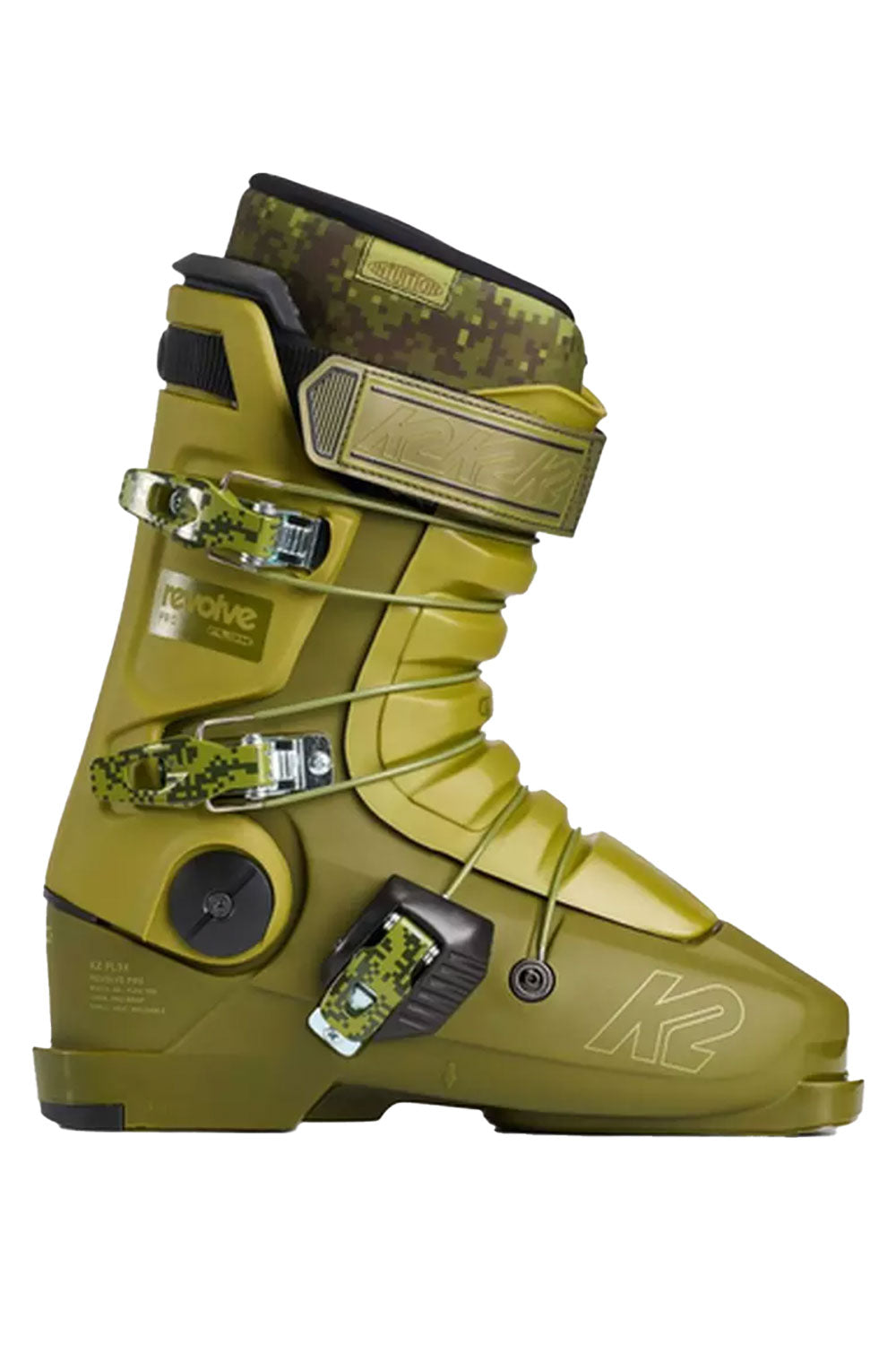 Green ski boot with K2 branding on a white background