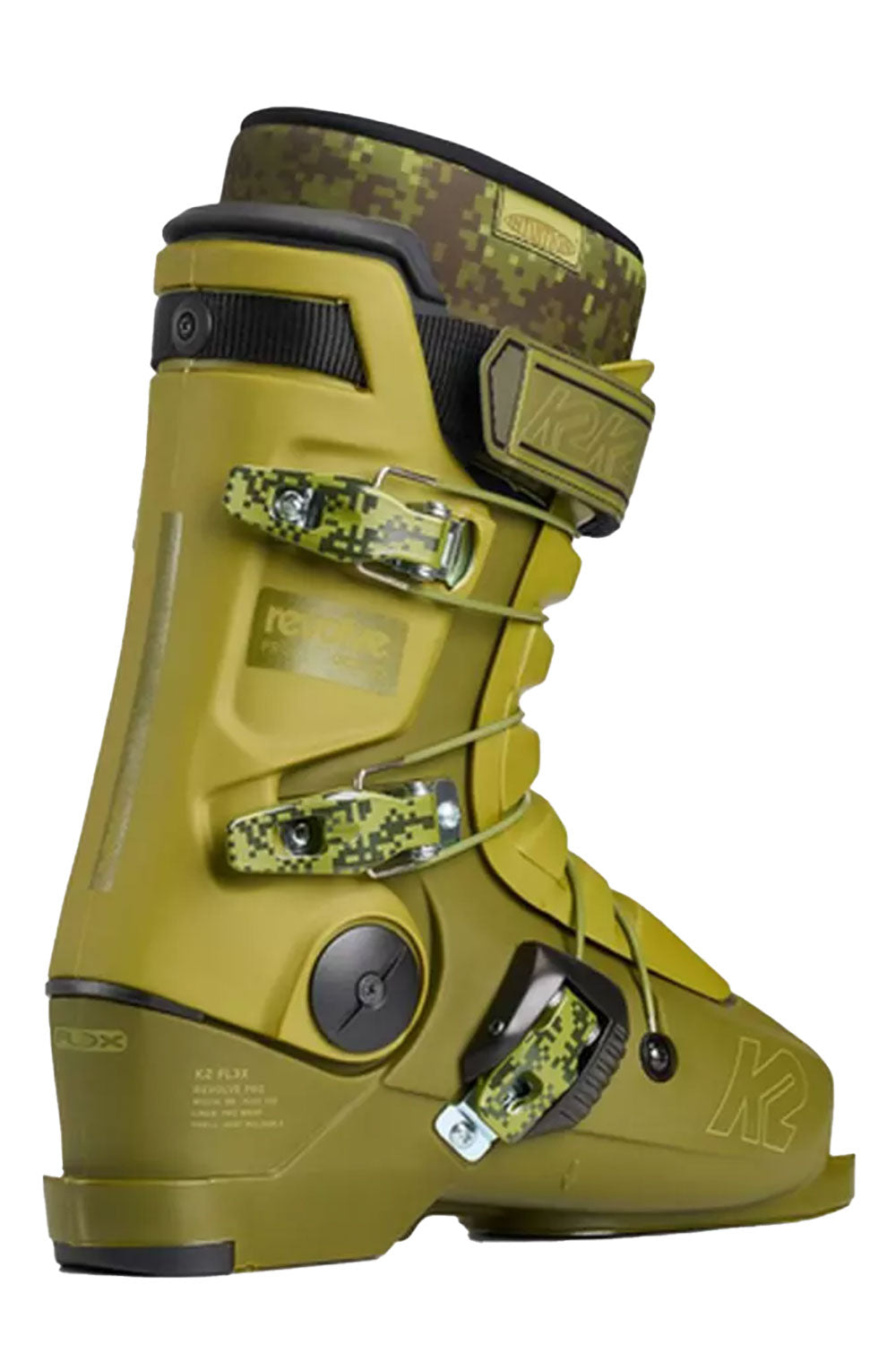 Green ski boot with K2 branding on a white background