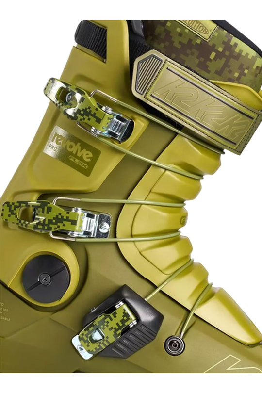 Close-up of a green ski boot