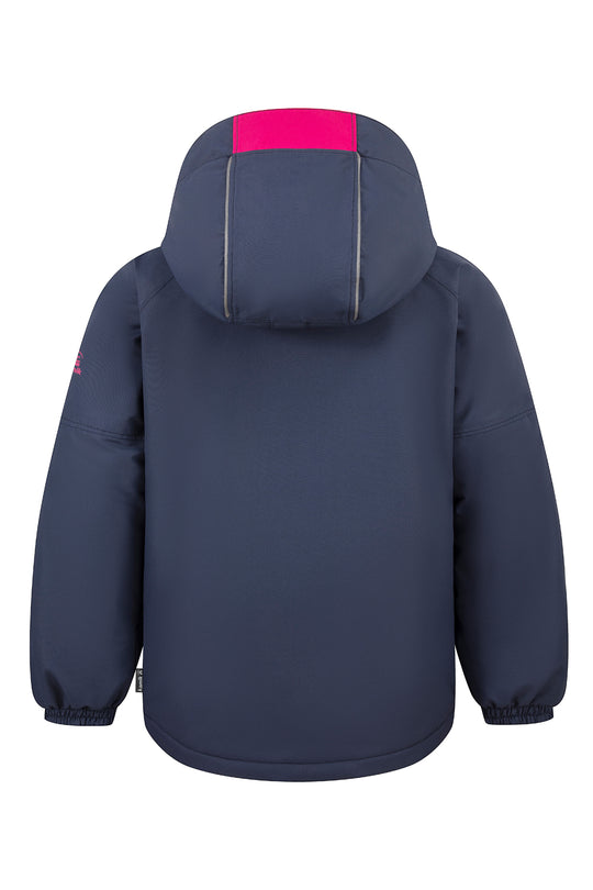 Navy blue jacket with pink hood on a white background