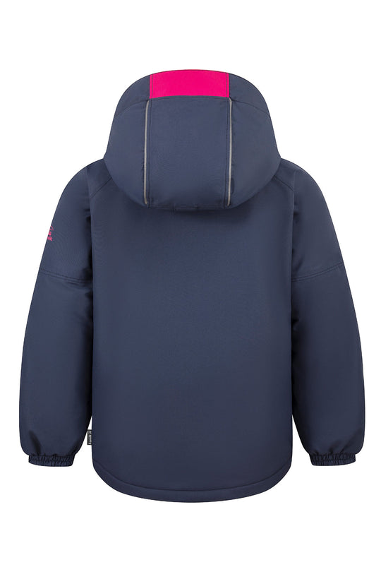 Navy blue jacket with pink hood on a white background