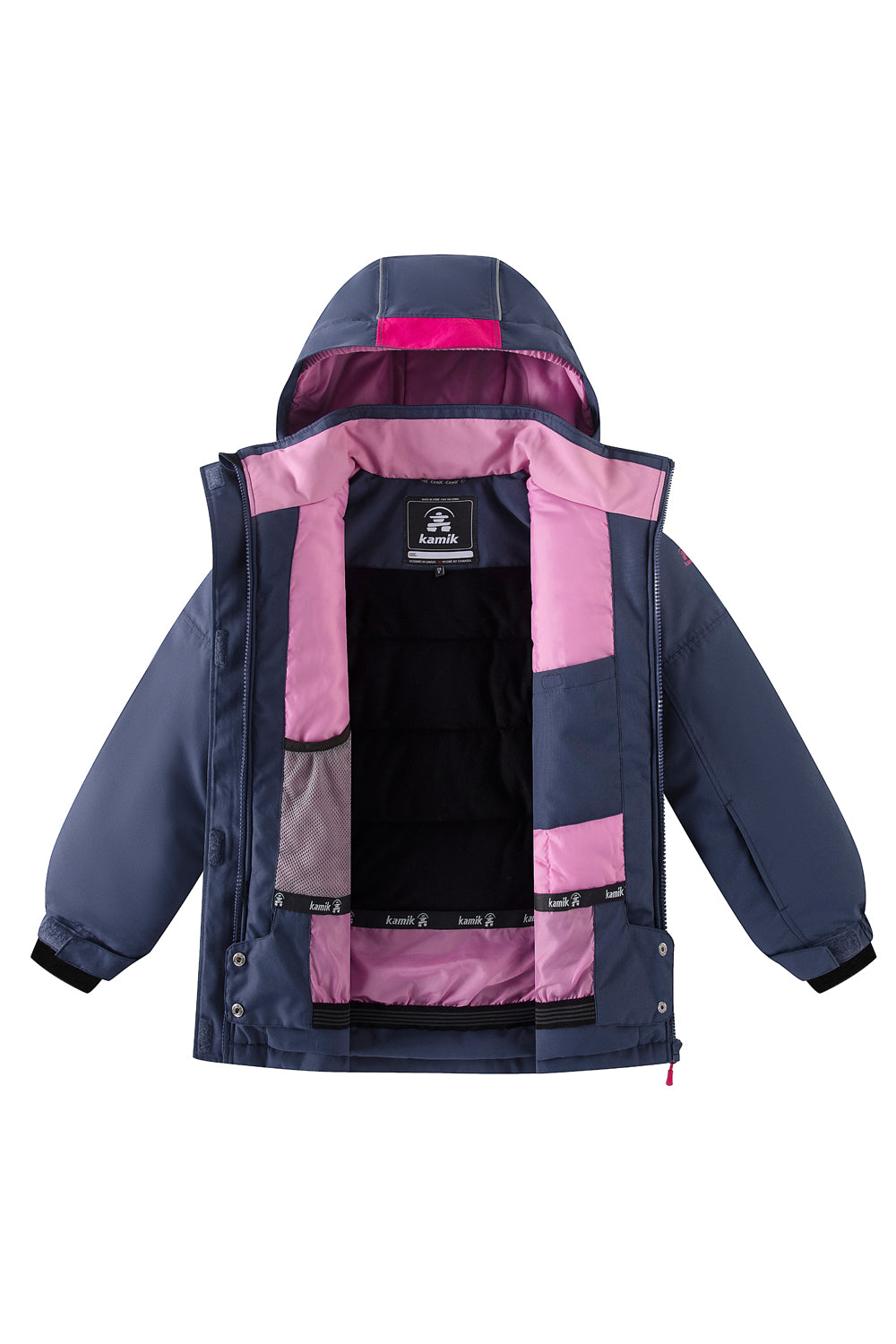 Inside view of a navy and pink jacket with a visible brand logo on a white background