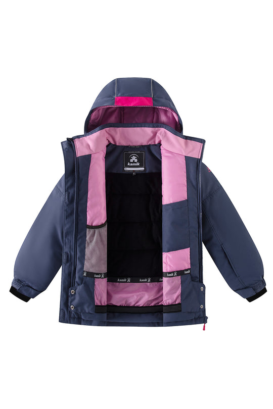 Inside view of a navy and pink jacket with a visible brand logo on a white background