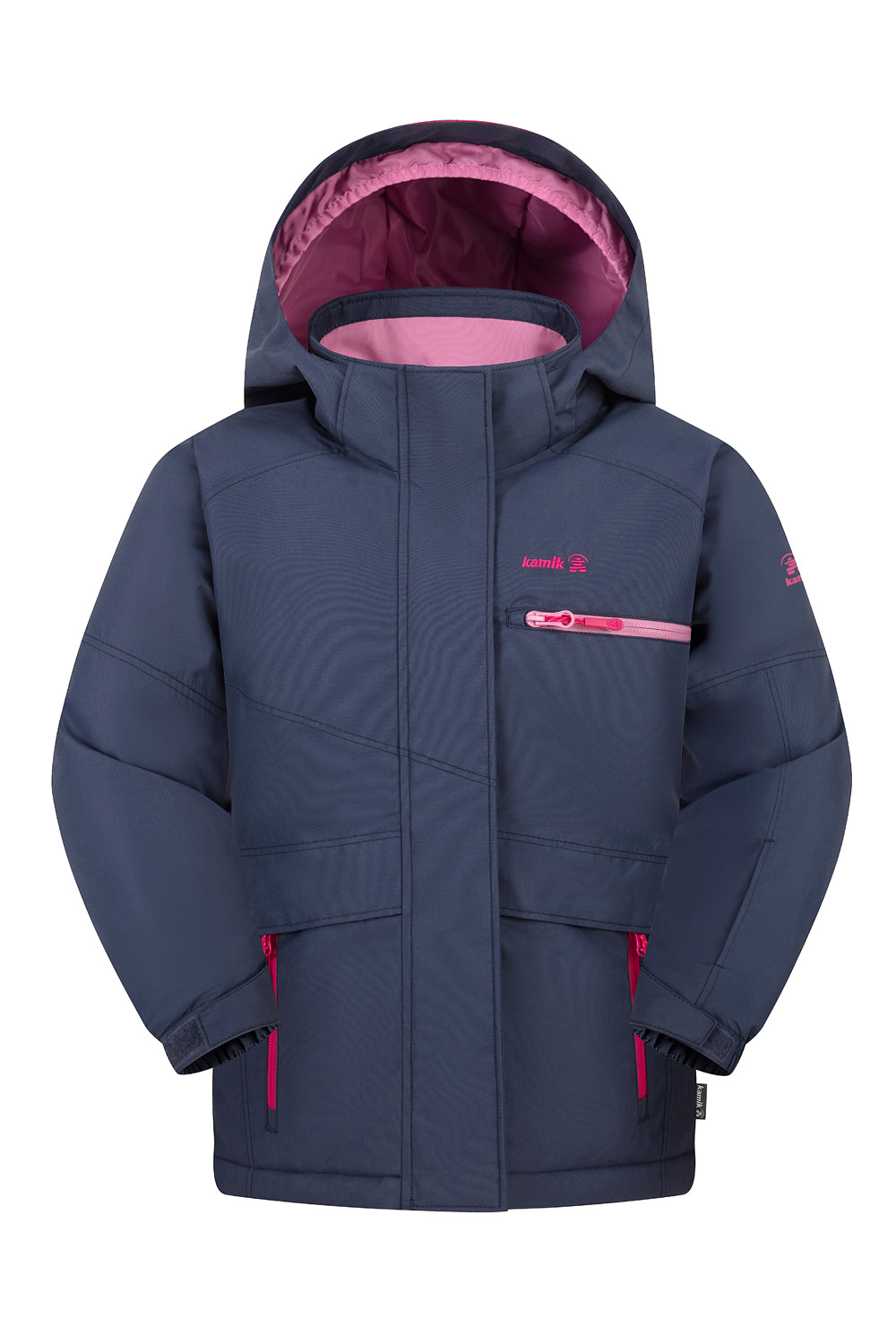 Navy blue children's jacket with pink accents on a white background