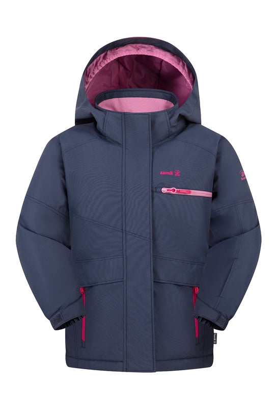 Navy blue children's jacket with pink accents on a white background