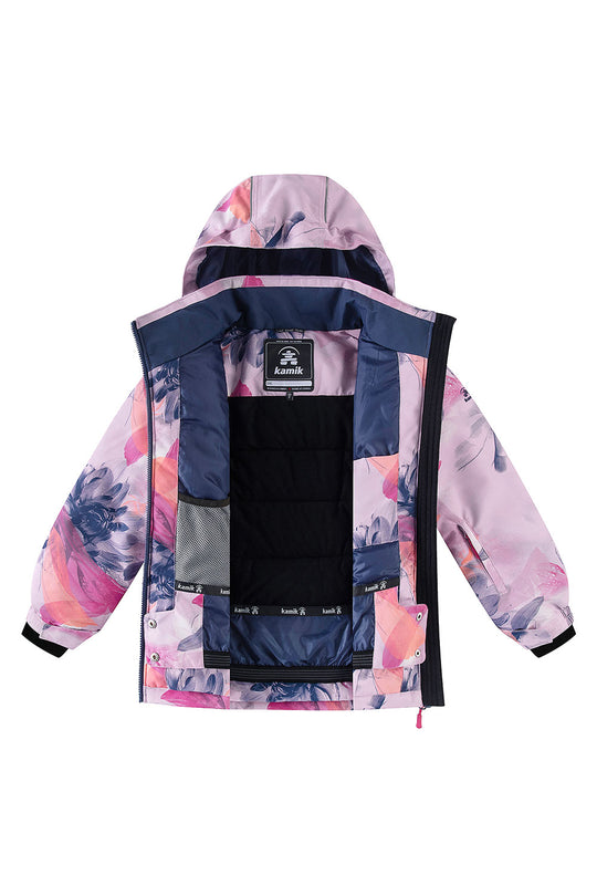 Pink and blue floral-patterned jacket on a white background