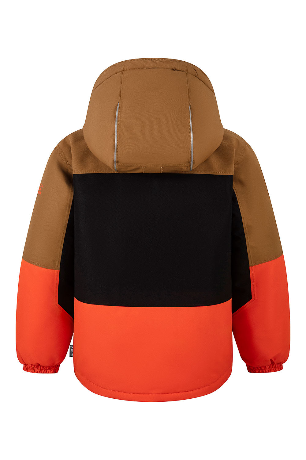 Children's jacket with brown, black, and orange color block design on a white background