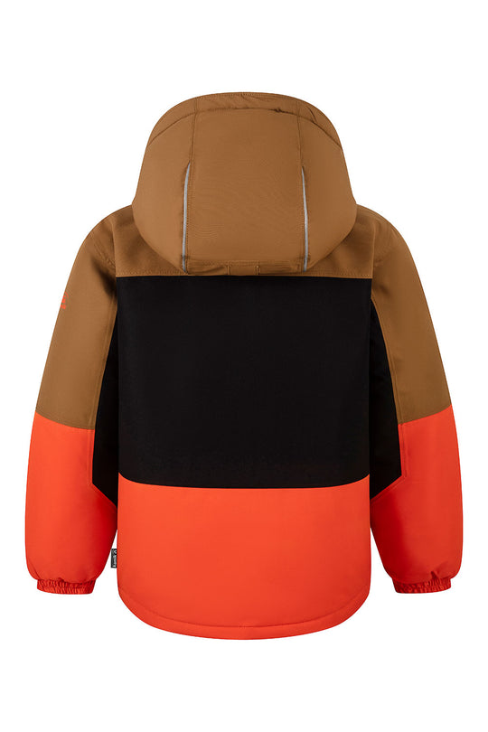 Children's jacket with brown, black, and orange color block design on a white background