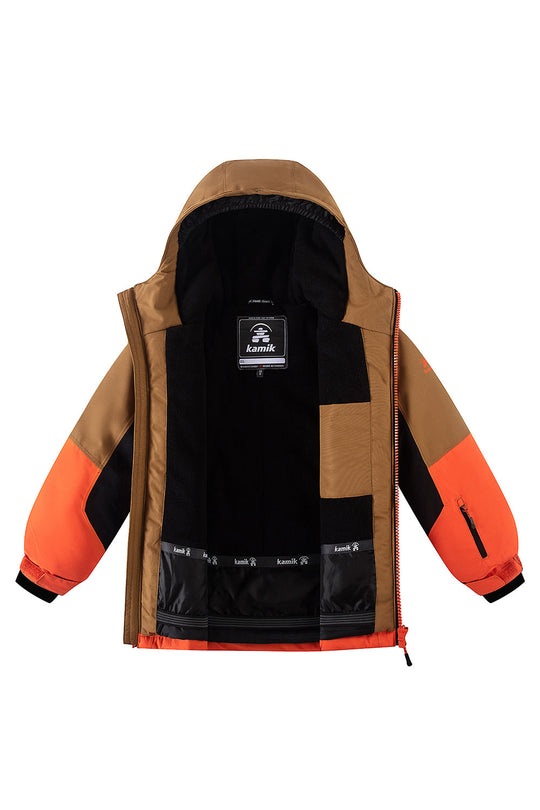 Children's jacket with brown, black, and orange color block design on a white background