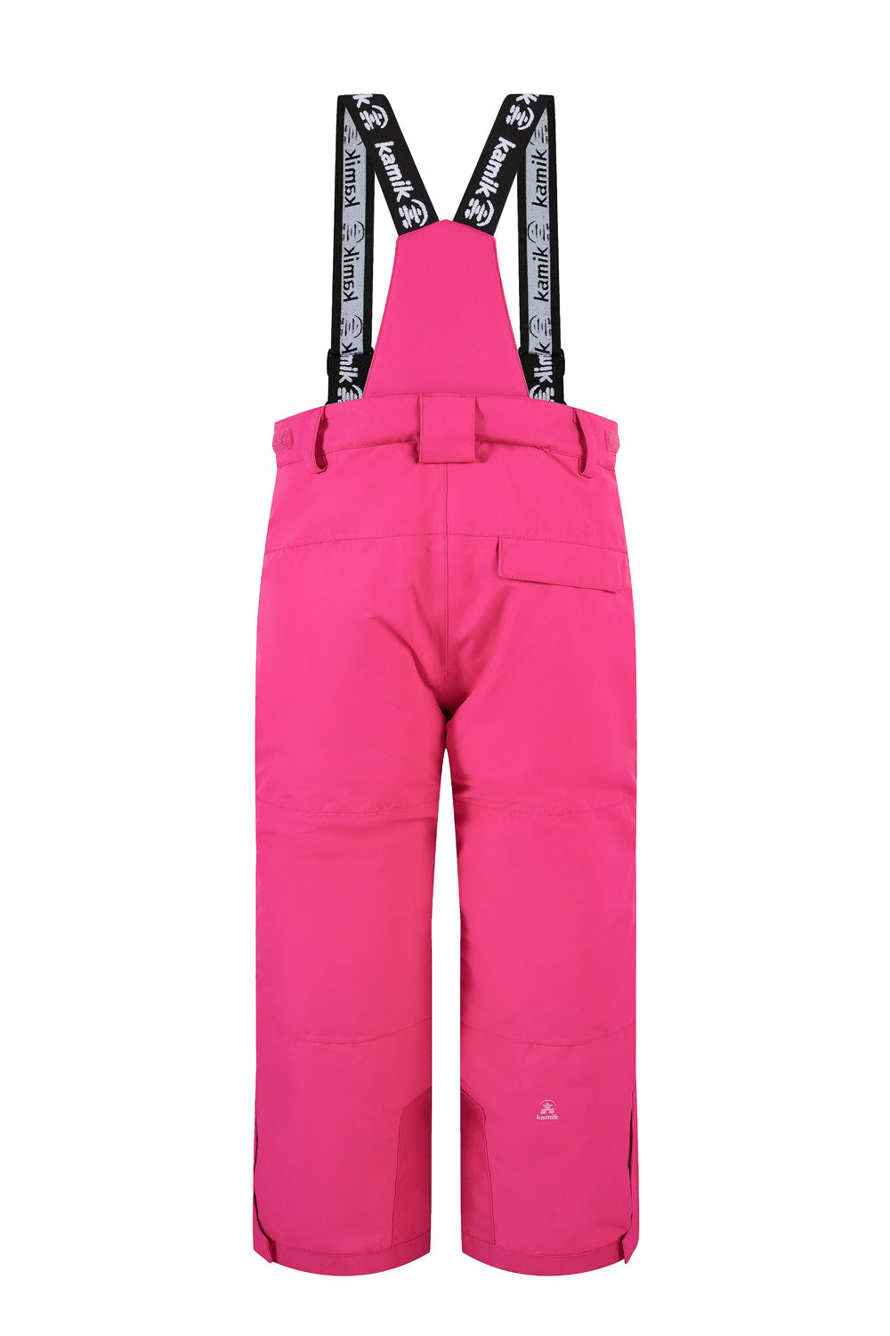 Pink ski pants with black suspenders on a white background