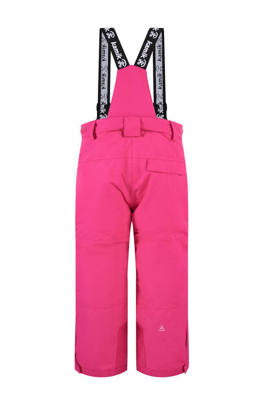 Pink ski pants with black suspenders on a white background
