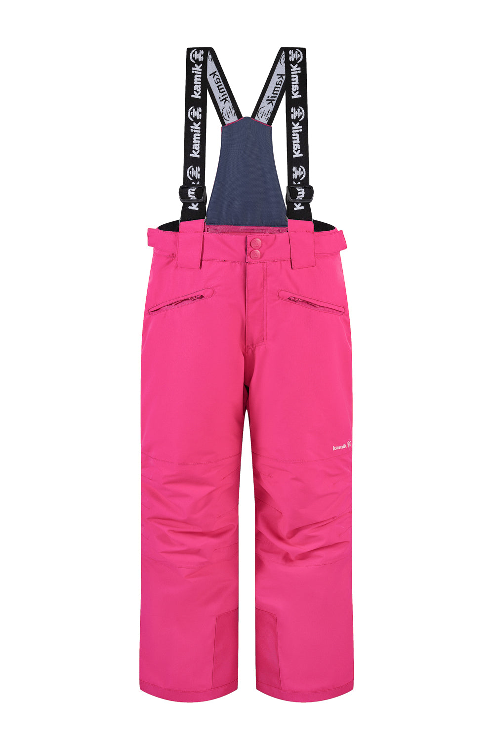 Pink ski pants with black suspenders on a white background
