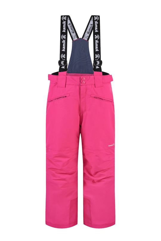 Pink ski pants with black suspenders on a white background