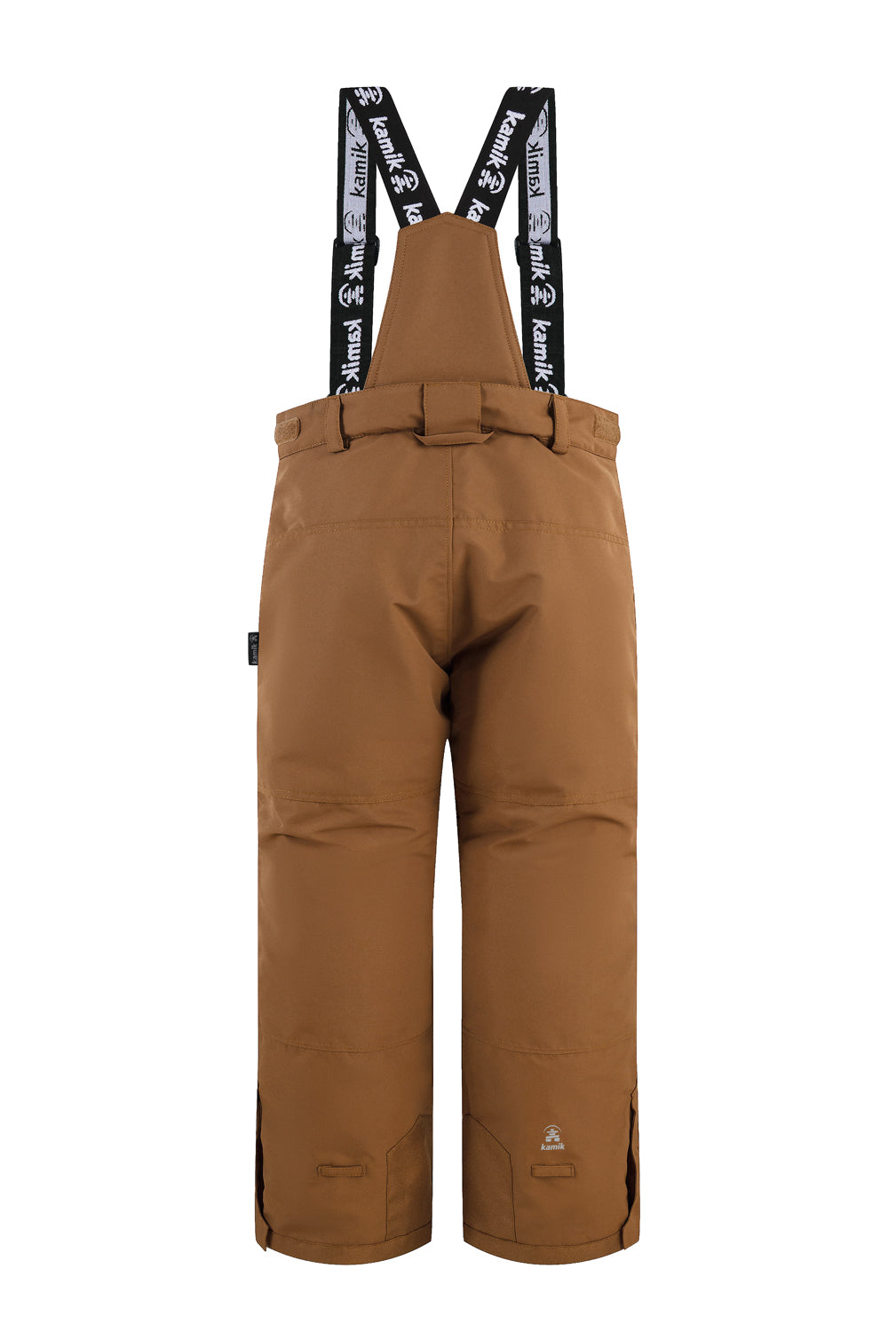 Brown ski bib overalls with black straps on a white background