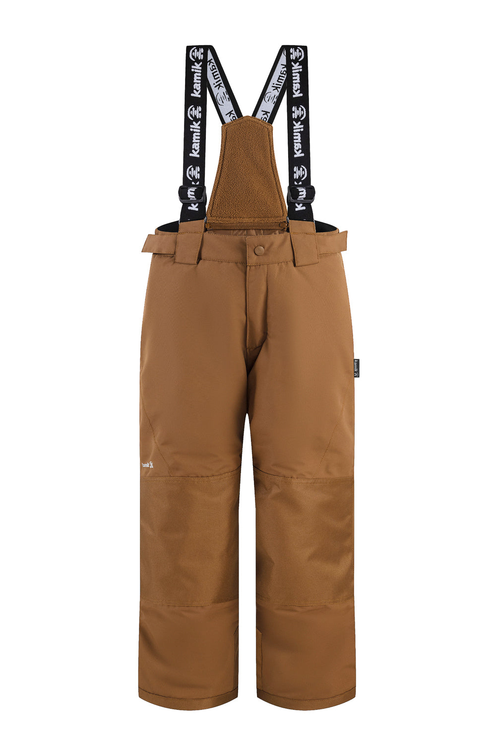 Brown ski bib overalls with suspenders on a white background