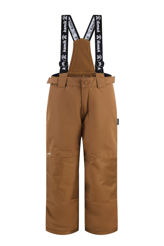 Brown ski bib overalls with suspenders on a white background