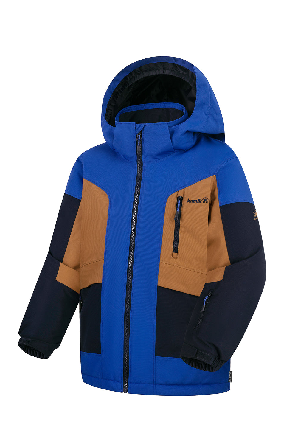 Blue, black and brown ski jacket with a hood on a white background