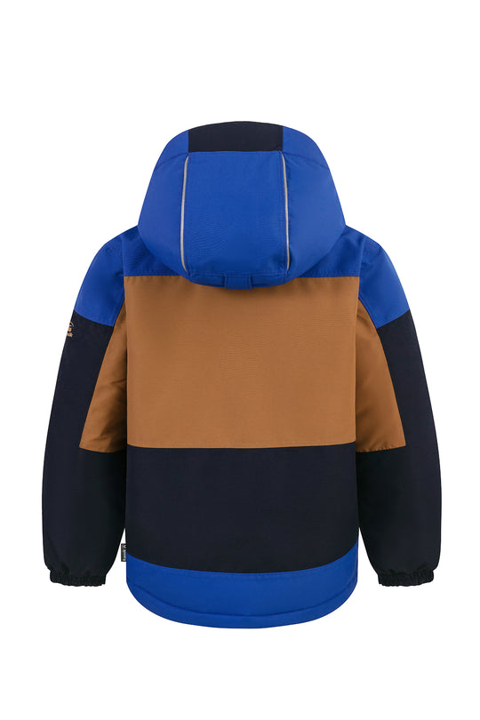 Color-blocked jacket with blue, brown, and black sections on a white background