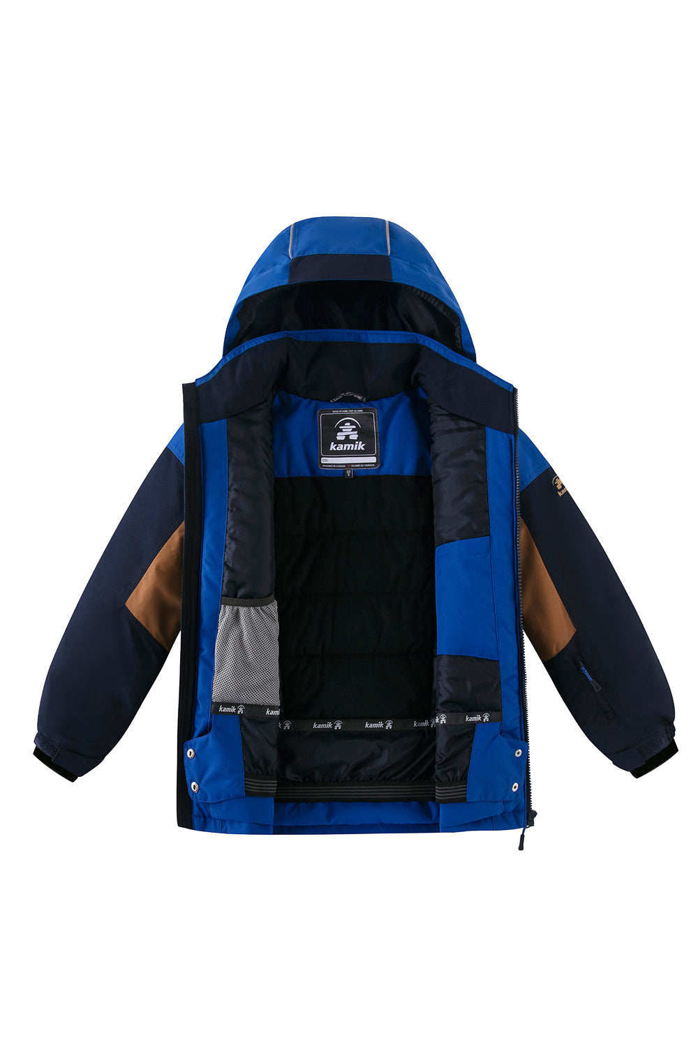 Blue and black jacket with a visible Kamik brand logo on a white background