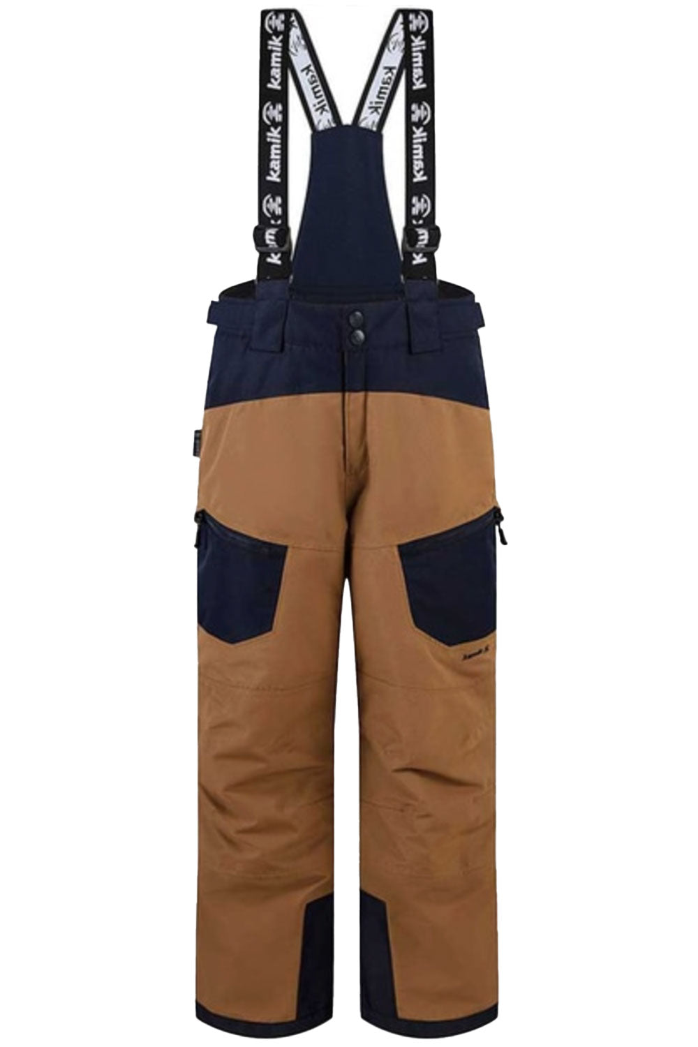 Brown and navy bib overalls with suspenders on a white background
