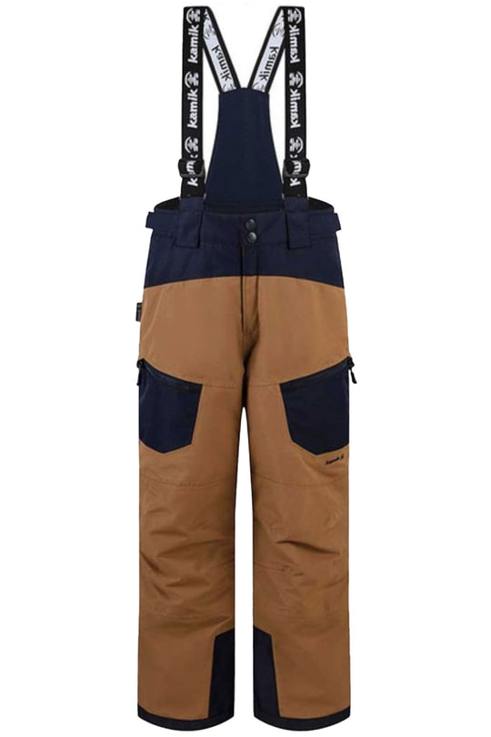 Brown and navy bib overalls with suspenders on a white background