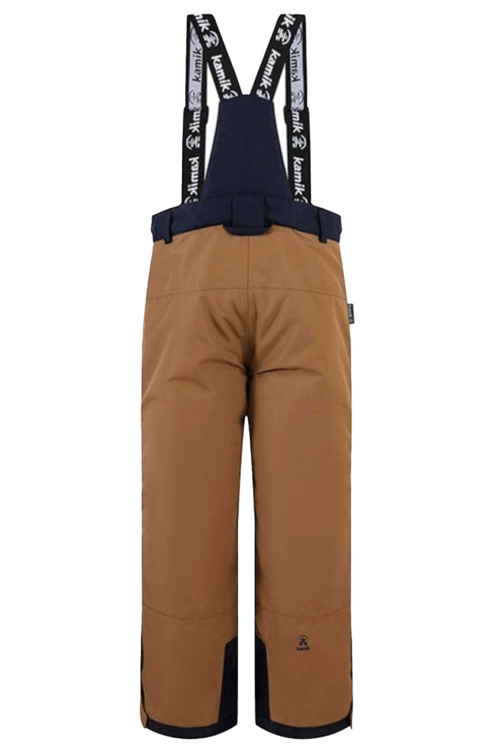 Brown snow pants with suspenders on a white background