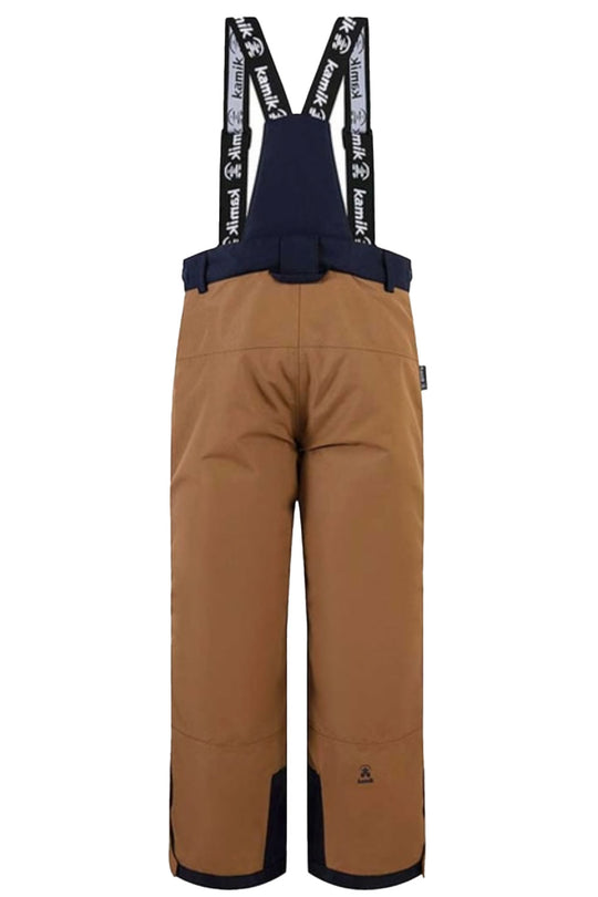 Brown snow pants with suspenders on a white background