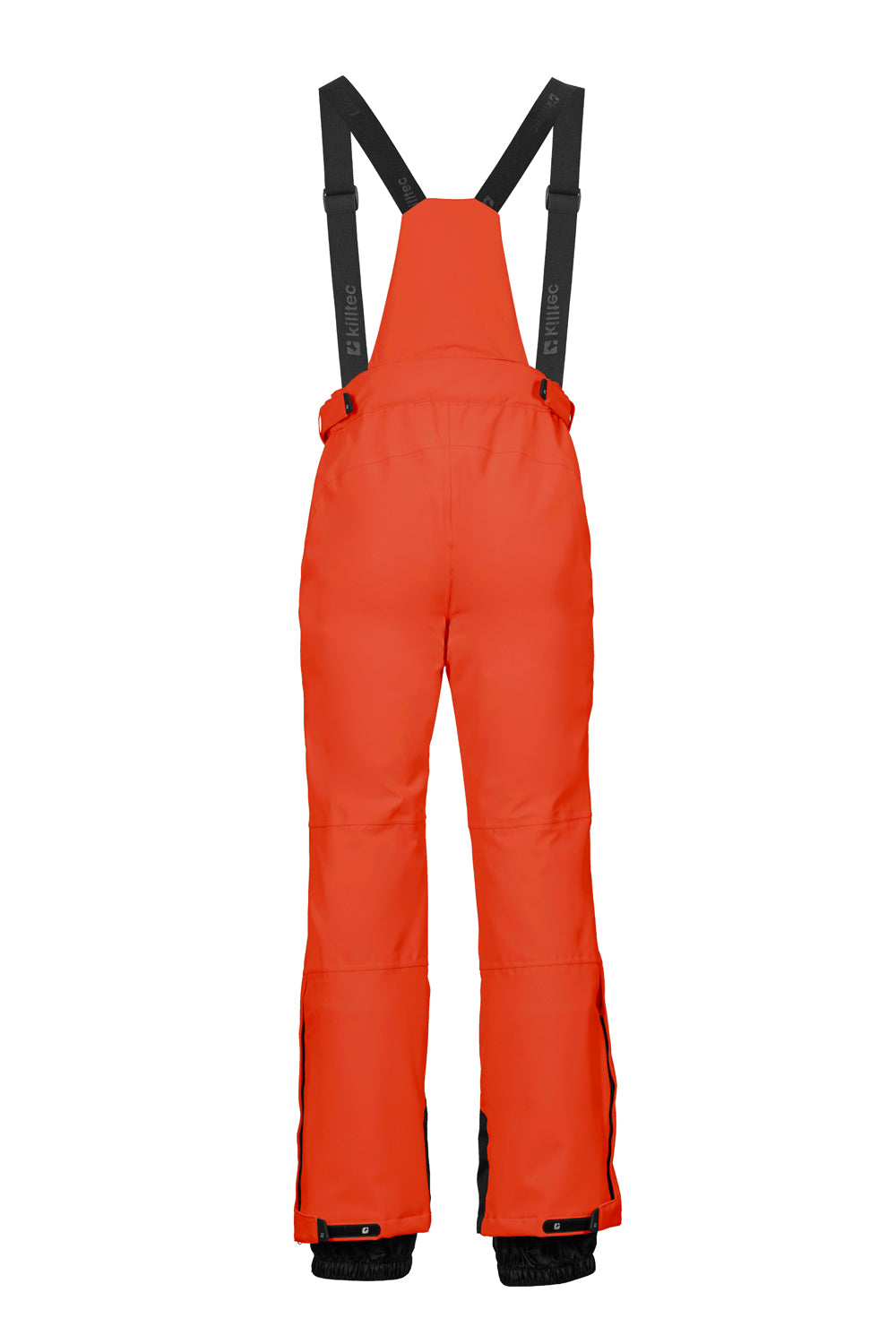 Orange ski bib overalls with black straps on a white background
