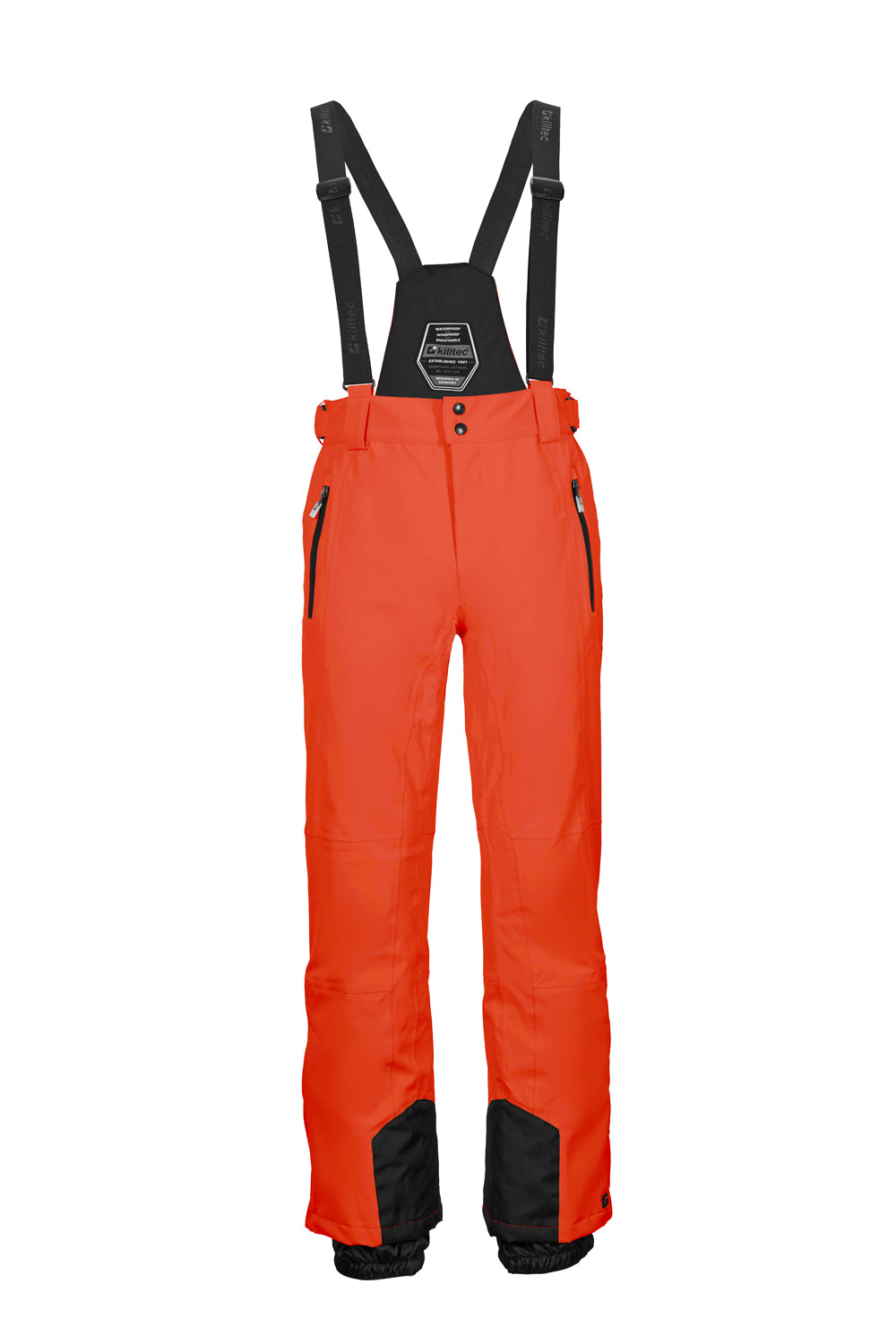 Orange ski pants with black suspenders on a white background