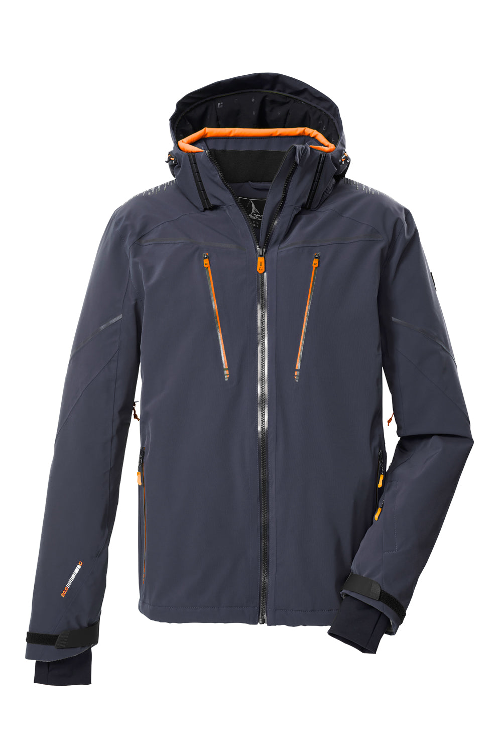 Navy blue ski jacket with orange zippers on a white background