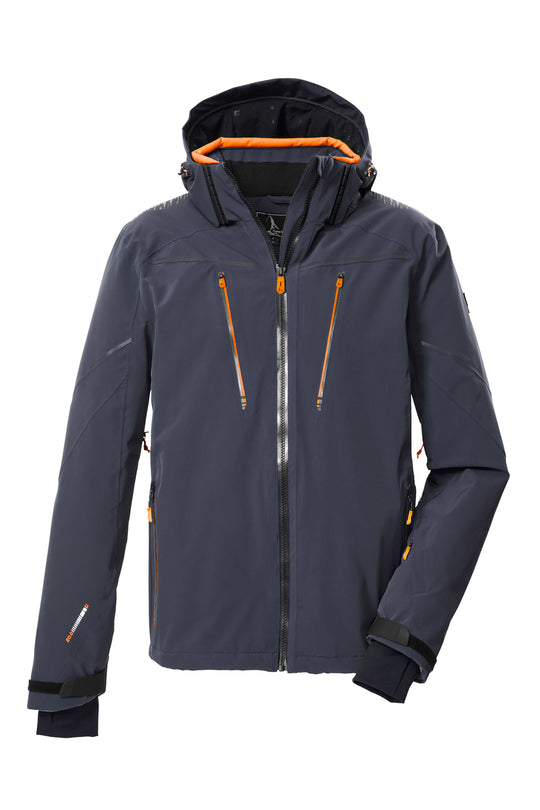 Navy blue ski jacket with orange zippers on a white background