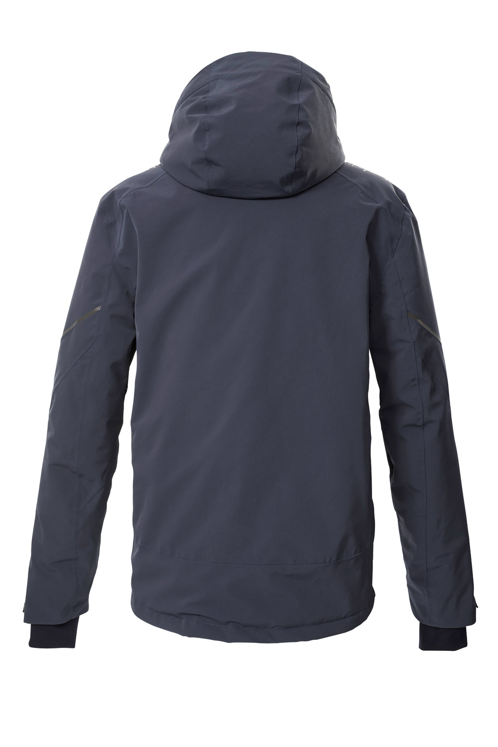 navy blue ski jacket with a hood on a white background