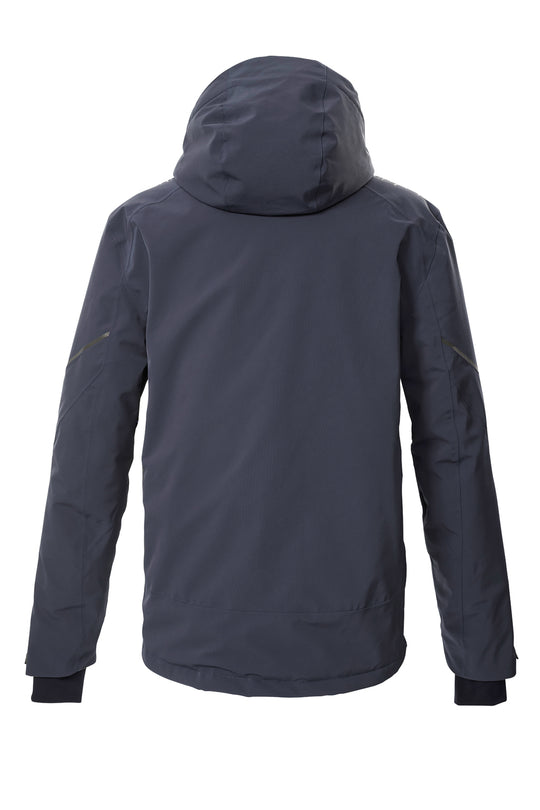 navy blue ski jacket with a hood on a white background
