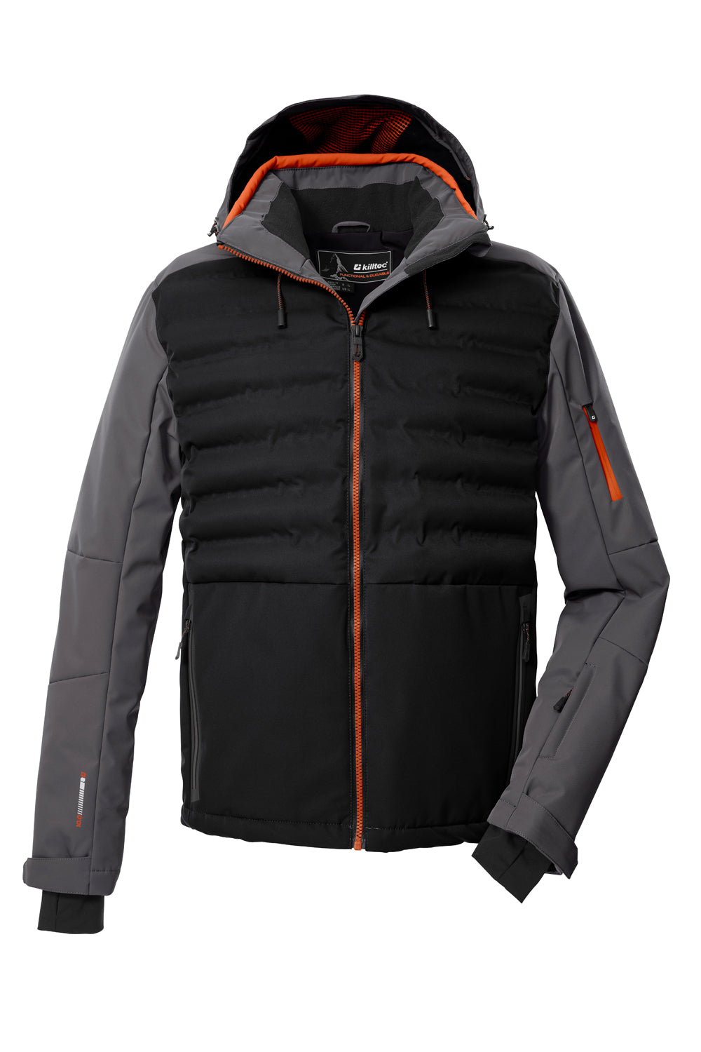 Gray and black ski jacket with orange accents on a white background