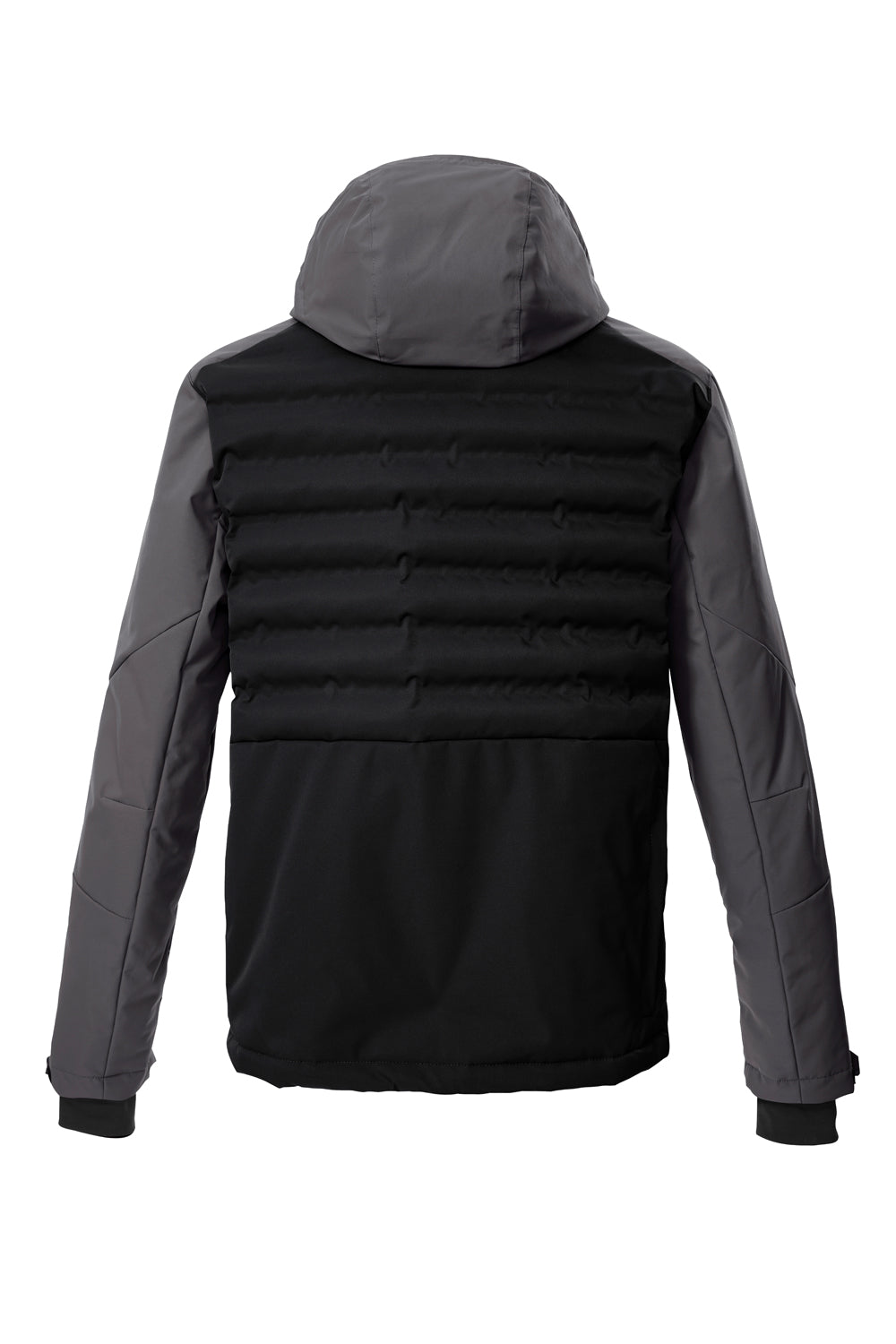 Black puffer ski jacket with gray hood on a white background
