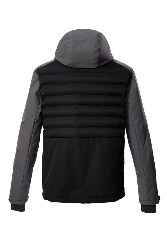 Black puffer ski jacket with gray hood on a white background
