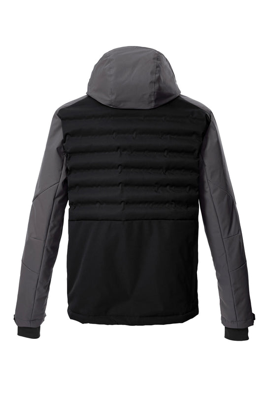 Black puffer ski jacket with gray hood on a white background