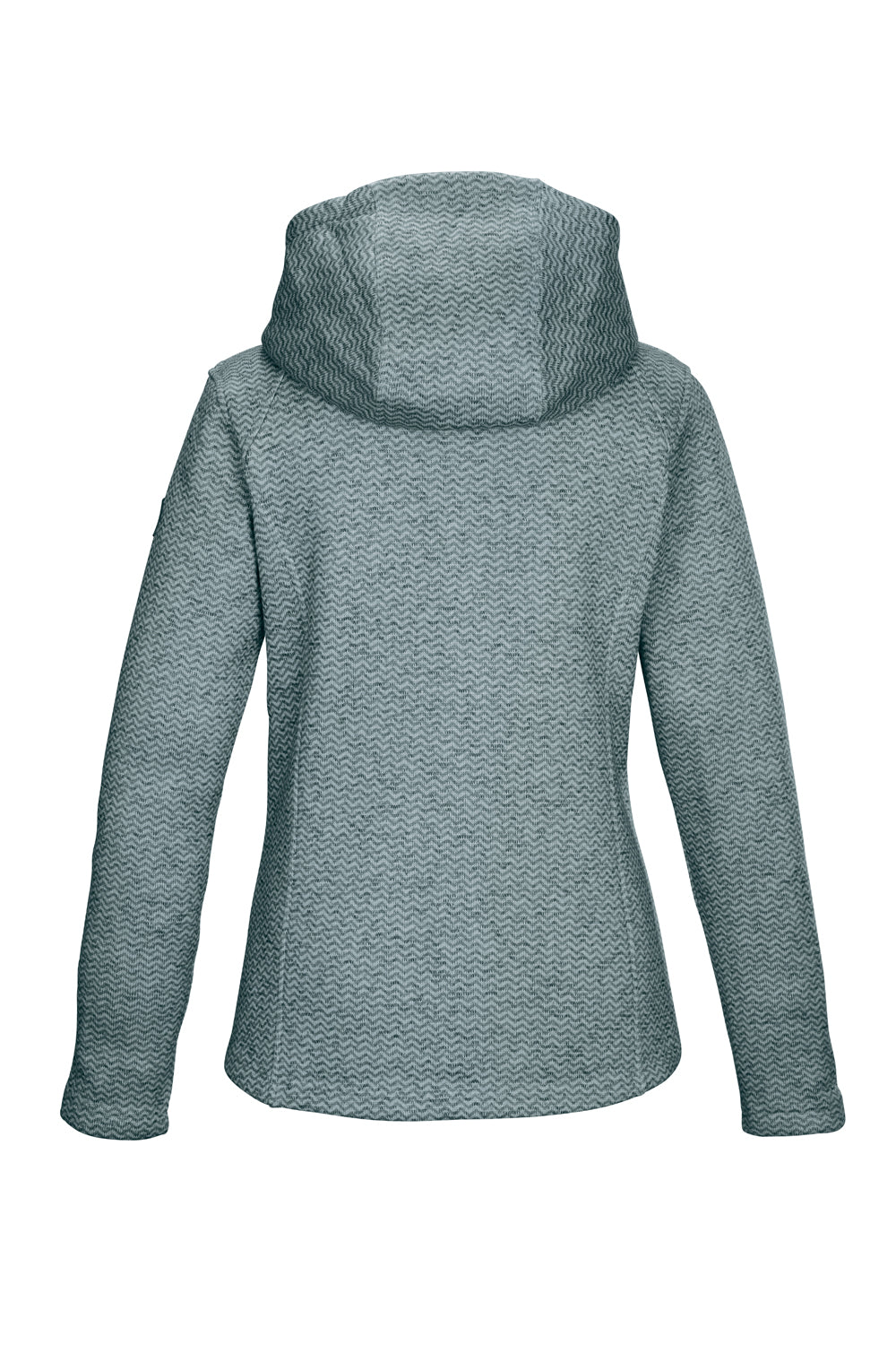Back view of a blue/gray hooded jacket on a white background