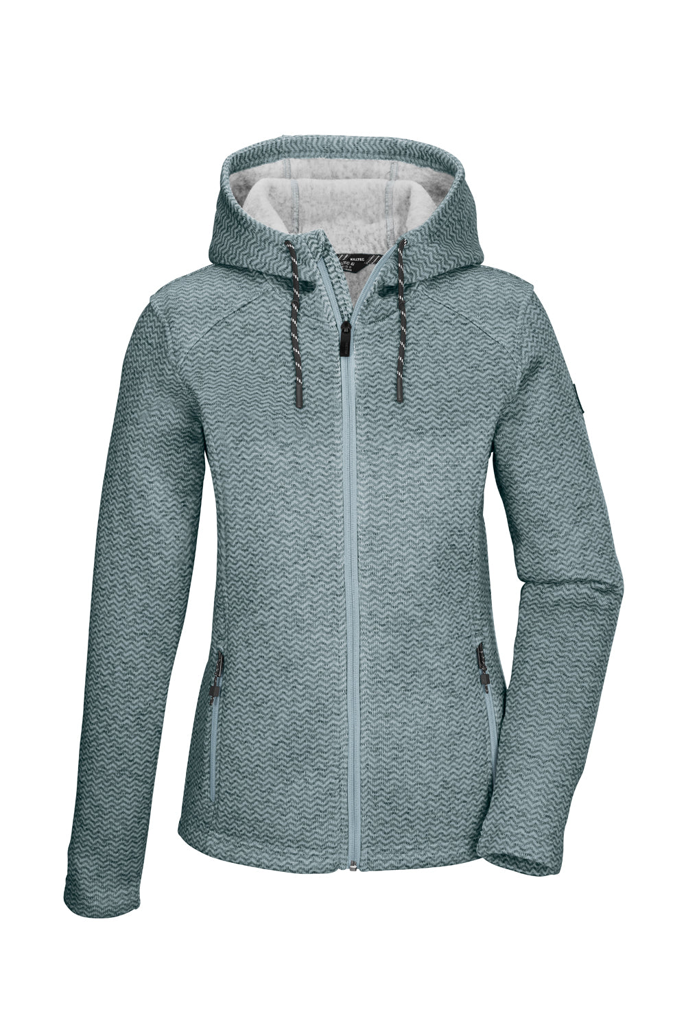 blue/gray hooded jacket with gray interior lining on a white background