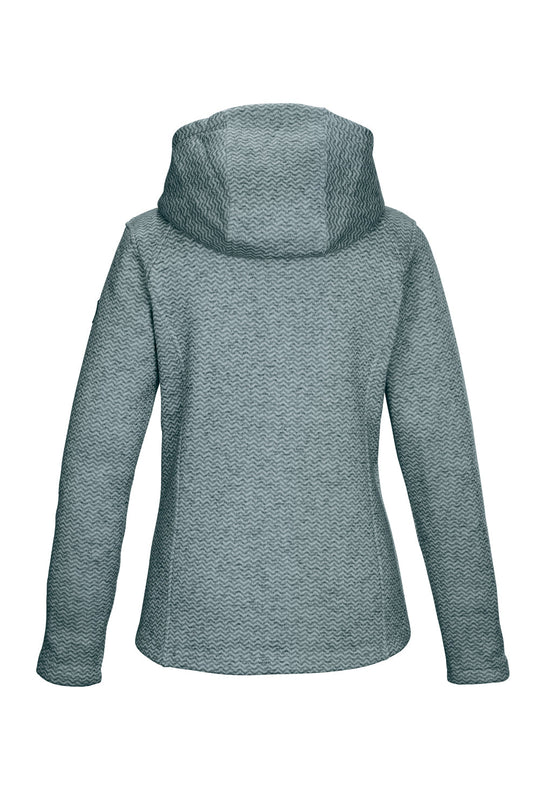 Back view of a blue/gray hooded jacket on a white background