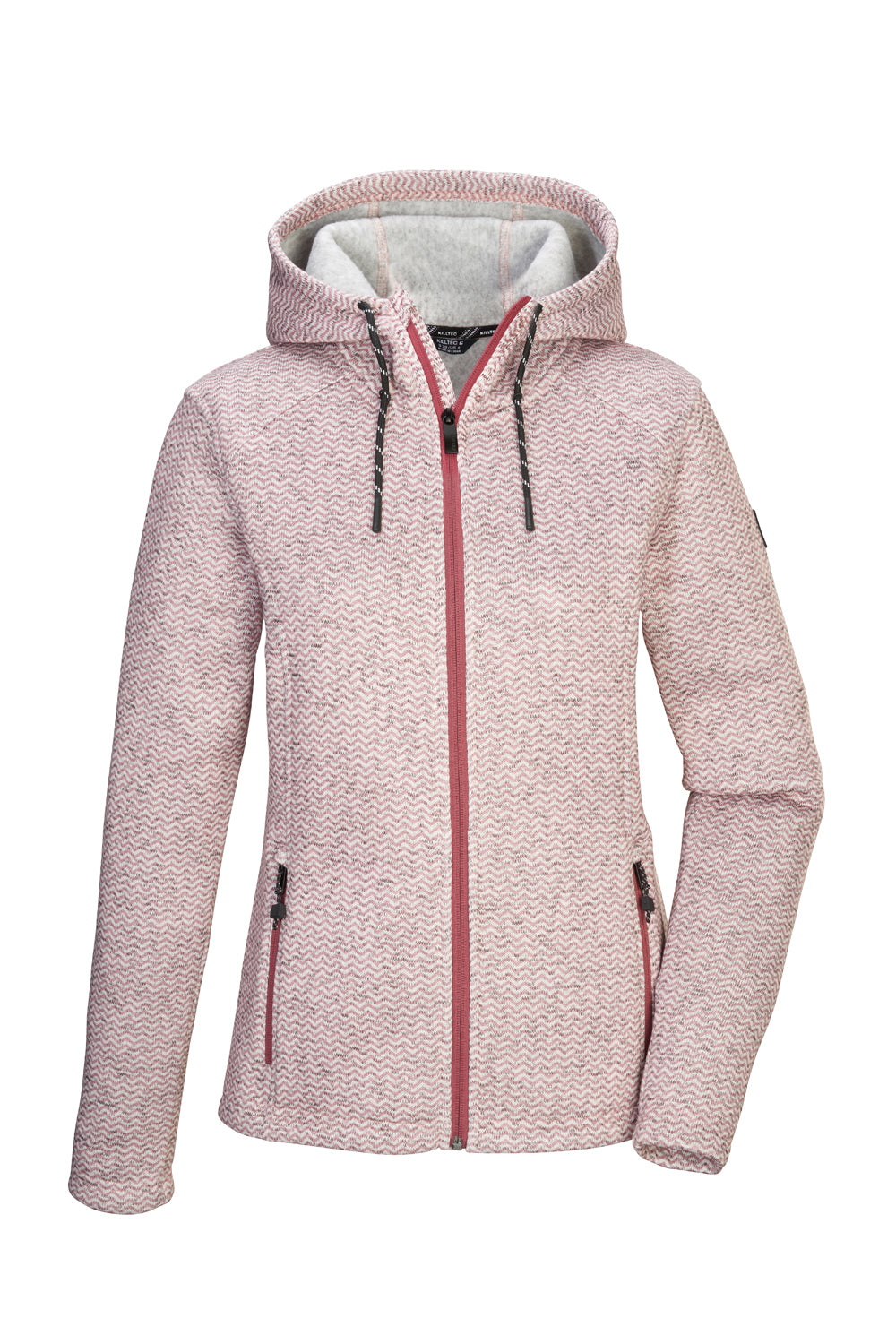 Pink hooded jacket with a zipper on a white background